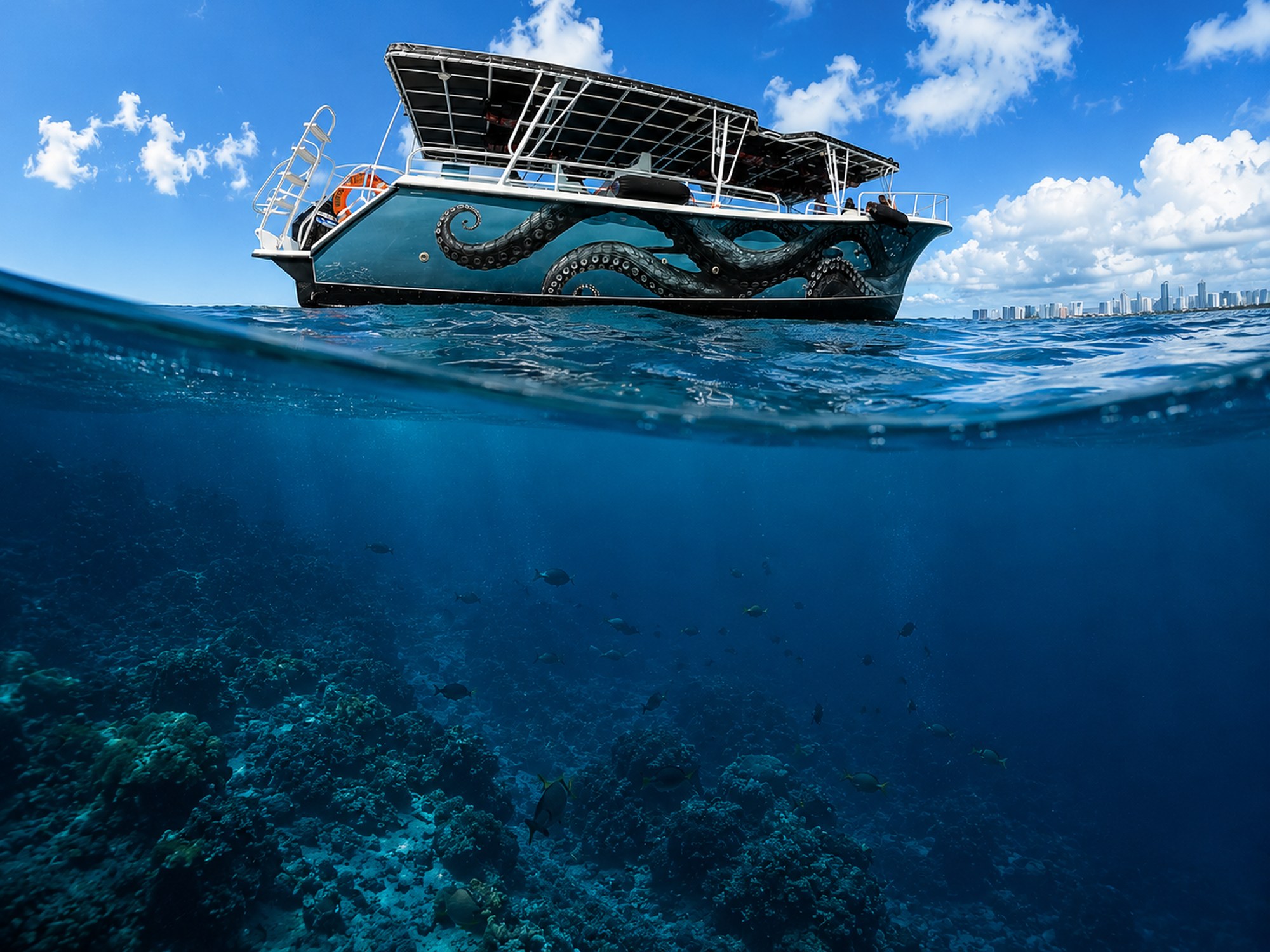 Illuminate glass-bottom vessel with reef viewing portal